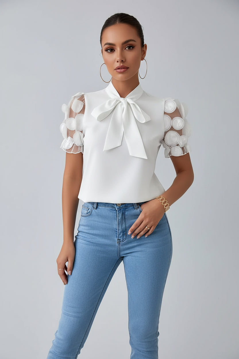 Lugane - Elegante Bluse mit Schleife und Netzärmel