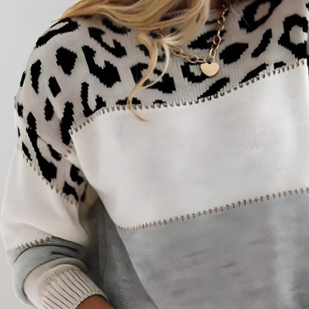 Lugane - Damen Weicher Farbblock-Strickpullover mit Leopardenmuster