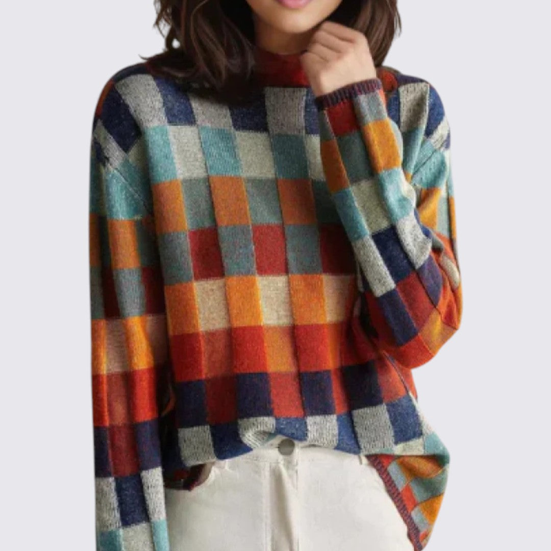 Lugane - Damen Langarm-Pullover mit Karomuster – Rundhalsausschnitt