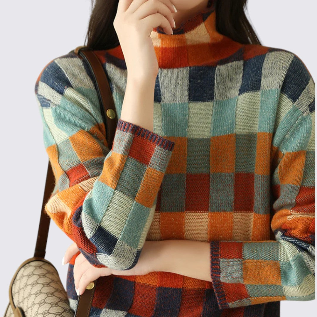 Lugane - Damen Langarm-Pullover mit Karomuster – Rundhalsausschnitt