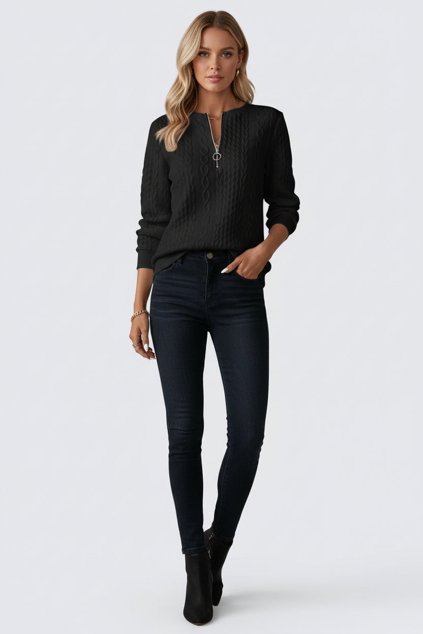 Lugane - Damen Langarm-Pullover mit Reißverschluss aus Strukturstoff