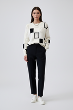 Lugane - Damen Rundhals-Pullover mit langen Ärmeln – Patchwork-Design