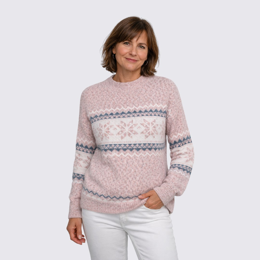 Lugane - Frauenpullover mit Stehkragen – Norweger-Stil – Gestreiftes Muster