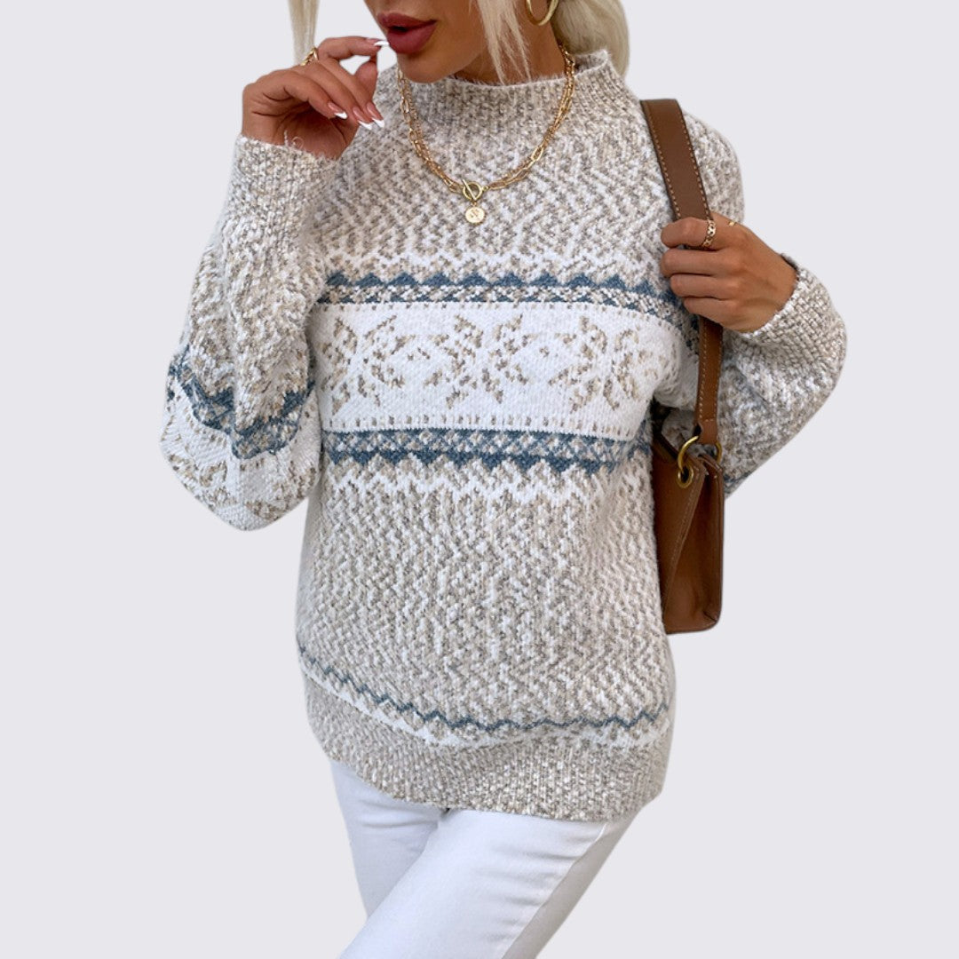 Lugane - Frauenpullover mit Stehkragen – Norweger-Stil – Gestreiftes Muster