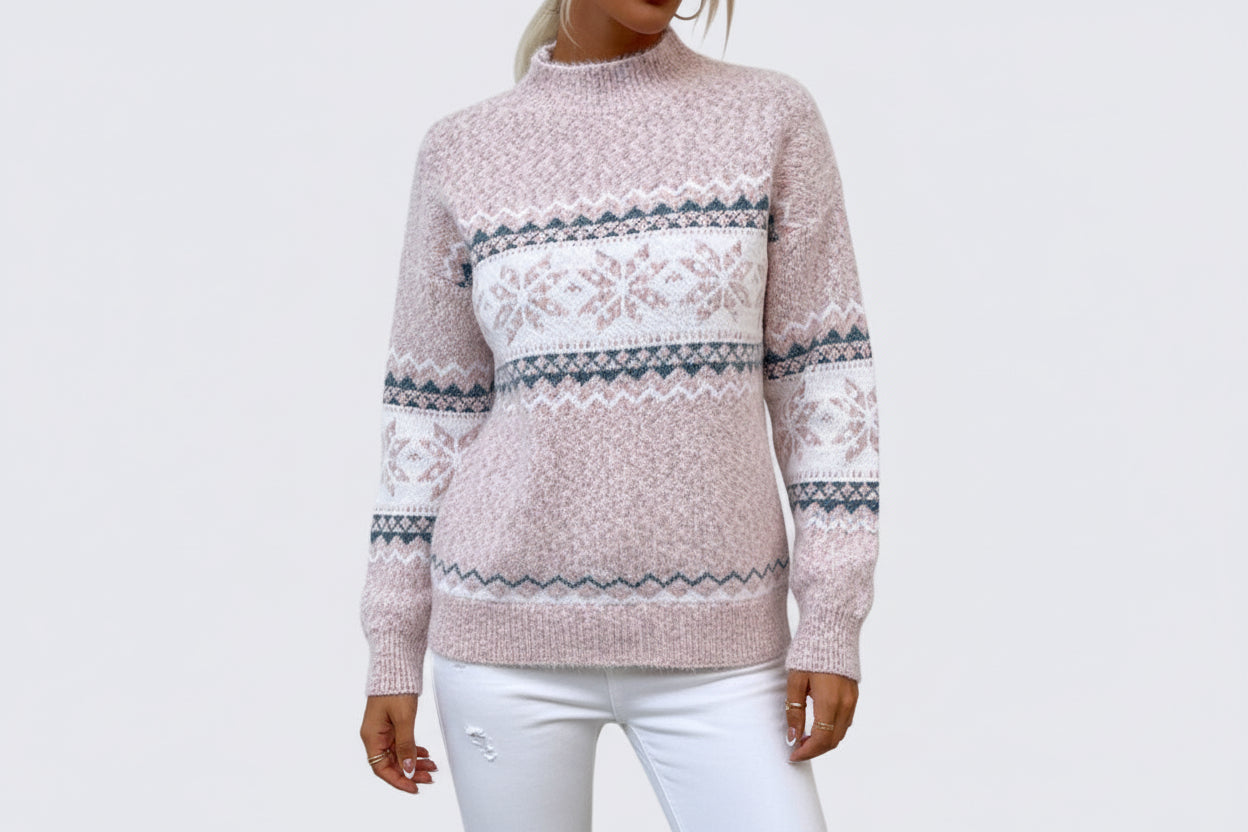 Lugane - Frauenpullover mit Stehkragen – Norweger-Stil – Gestreiftes Muster