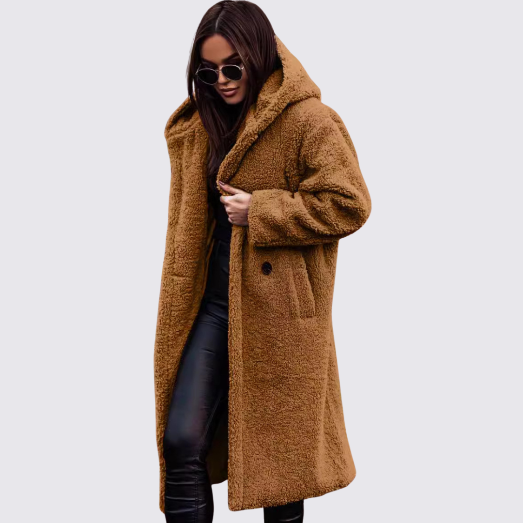 Lugane - Damen Kapuzen-Teddy-Mantel – Lang und Kuschelig Warm