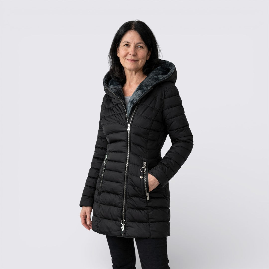 Lugane - Damen Winterjacke mit Kapuze – Gefütterte, Lang geschnittene Jacke
