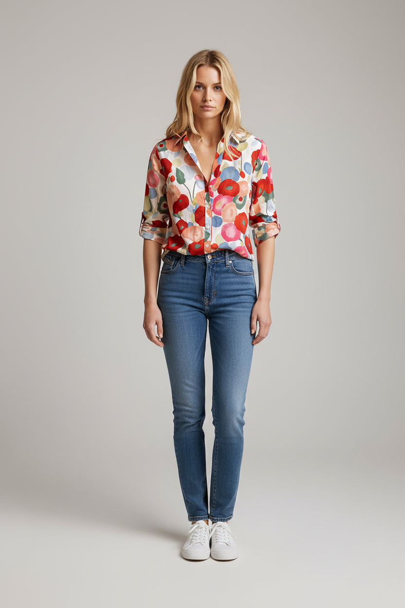 Lugane - Blumenmuster Damenbluse mit langen Ärmeln und Knopfverschluss