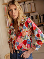 Lugane - Blumenmuster Damenbluse mit langen Ärmeln und Knopfverschluss