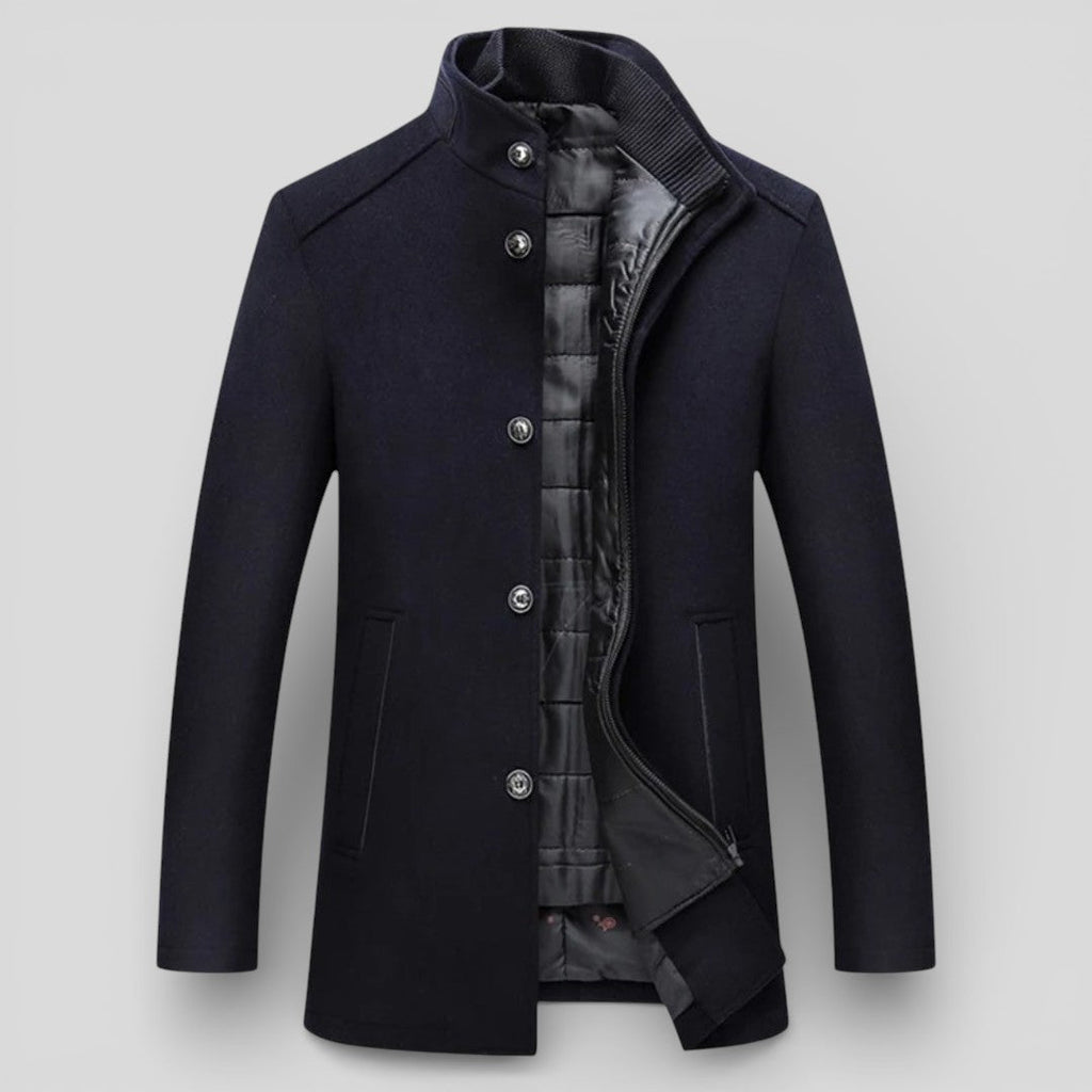 Lugane - Herren Stehkragen-Mantel - Langer Schnitt mit Knopfleiste