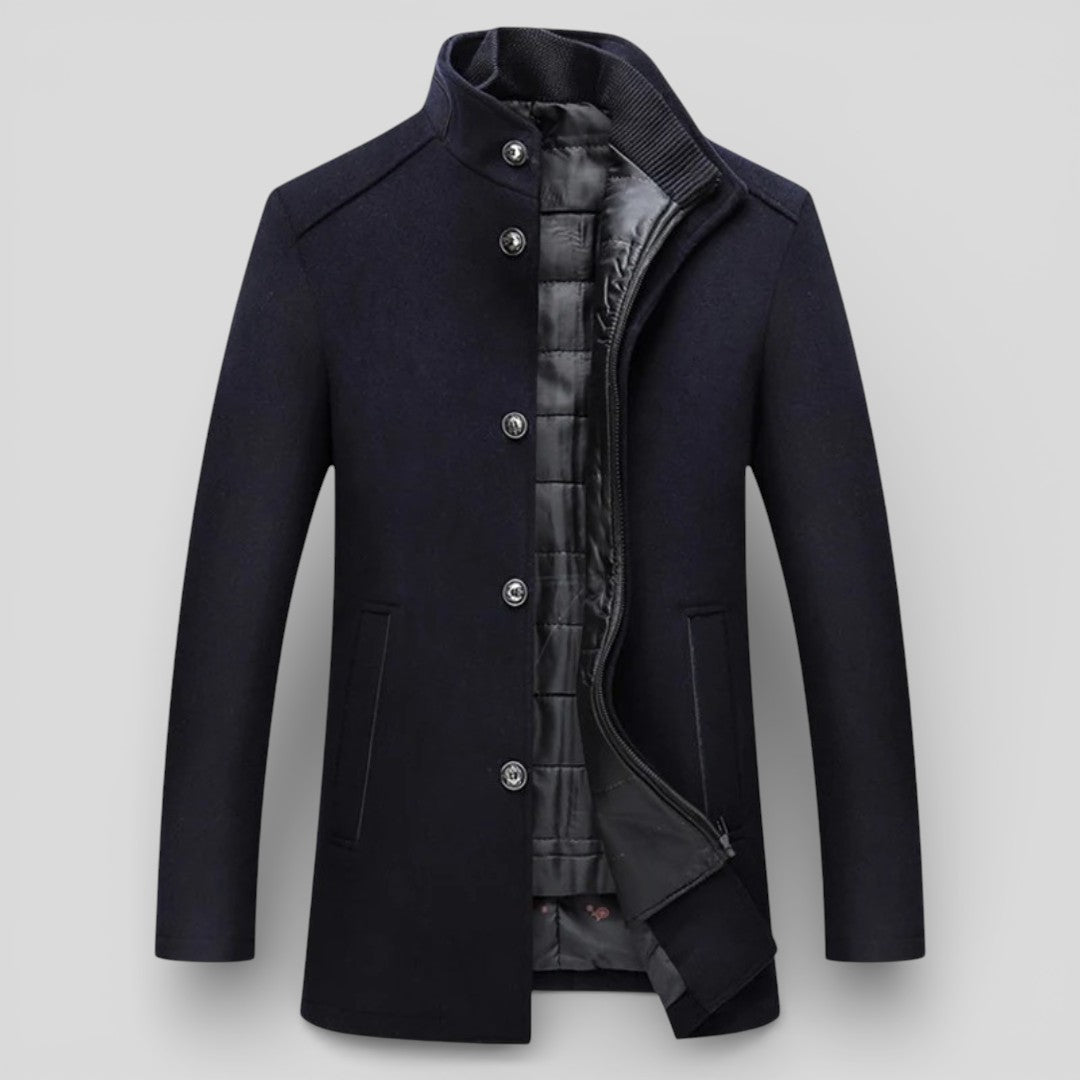 Lugane - Herren Stehkragen-Mantel - Langer Schnitt mit Knopfleiste