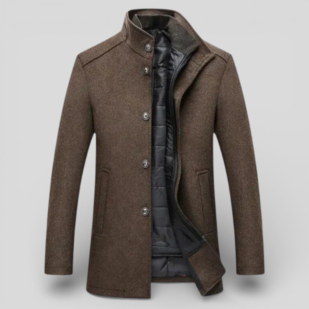 Lugane - Herren Stehkragen-Mantel - Langer Schnitt mit Knopfleiste