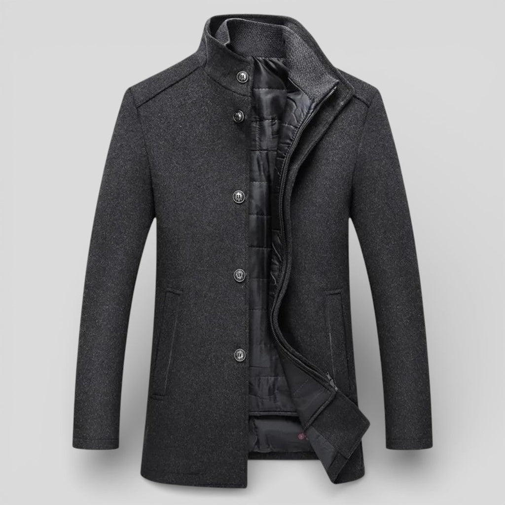 Lugane - Herren Stehkragen-Mantel - Langer Schnitt mit Knopfleiste