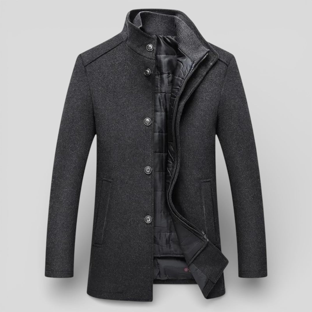 Lugane - Herren Stehkragen-Mantel - Langer Schnitt mit Knopfleiste