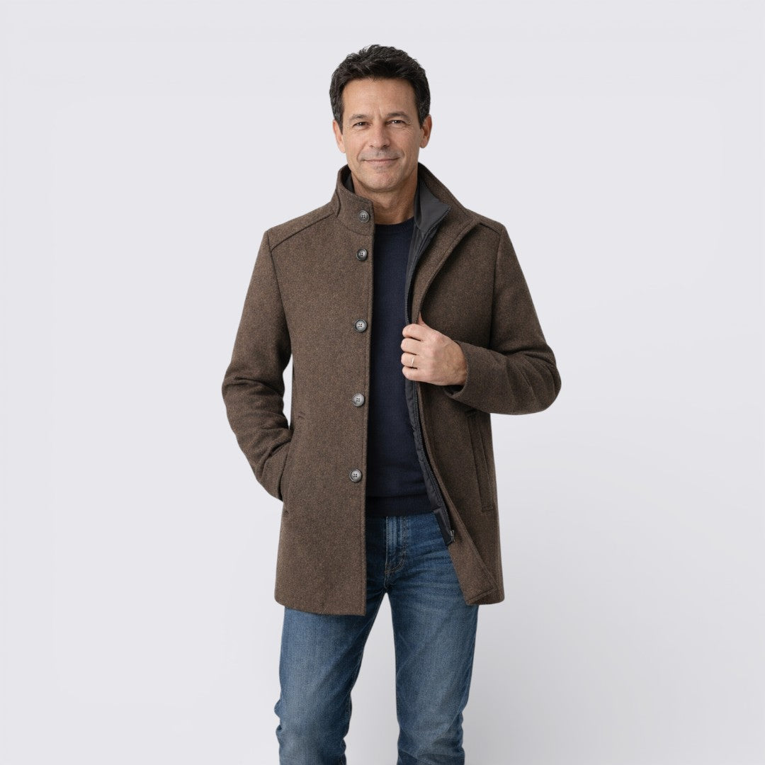 Lugane - Herren Stehkragen-Mantel - Langer Schnitt mit Knopfleiste