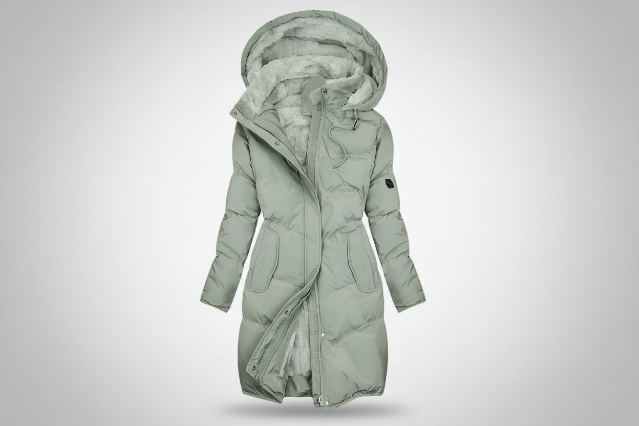 Lugane - Damen Wintermantel mit Kapuze und Kunstpelz, lang